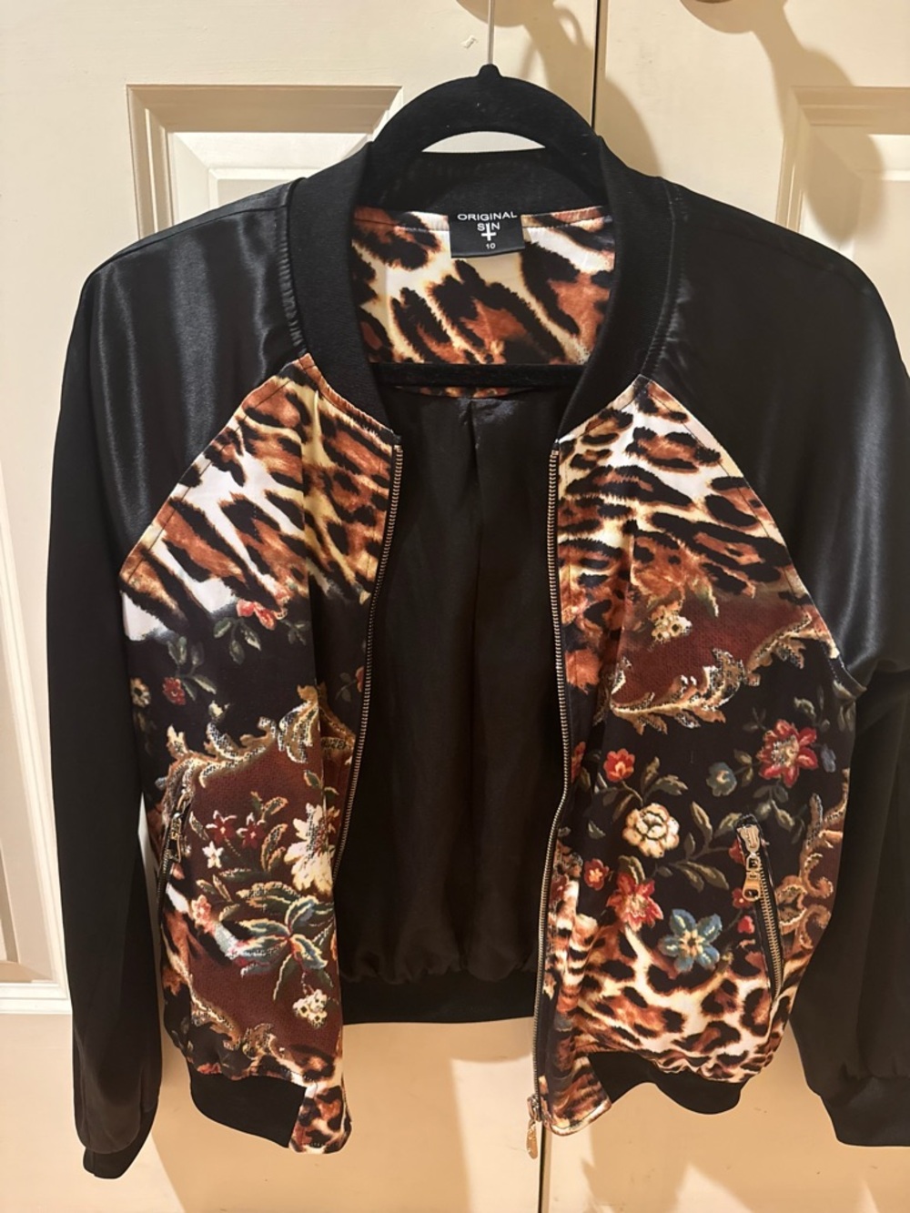 Original Sin Black Bomber Jacket Leopard and Floral prints unique gold zippers